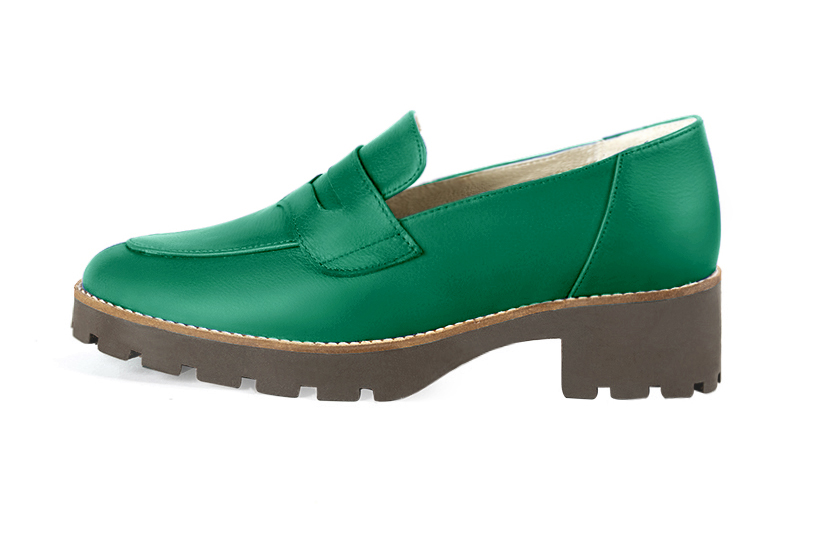 Emerald green women's casual loafers. Round toe. Low rubber soles. Profile view - Florence KOOIJMAN